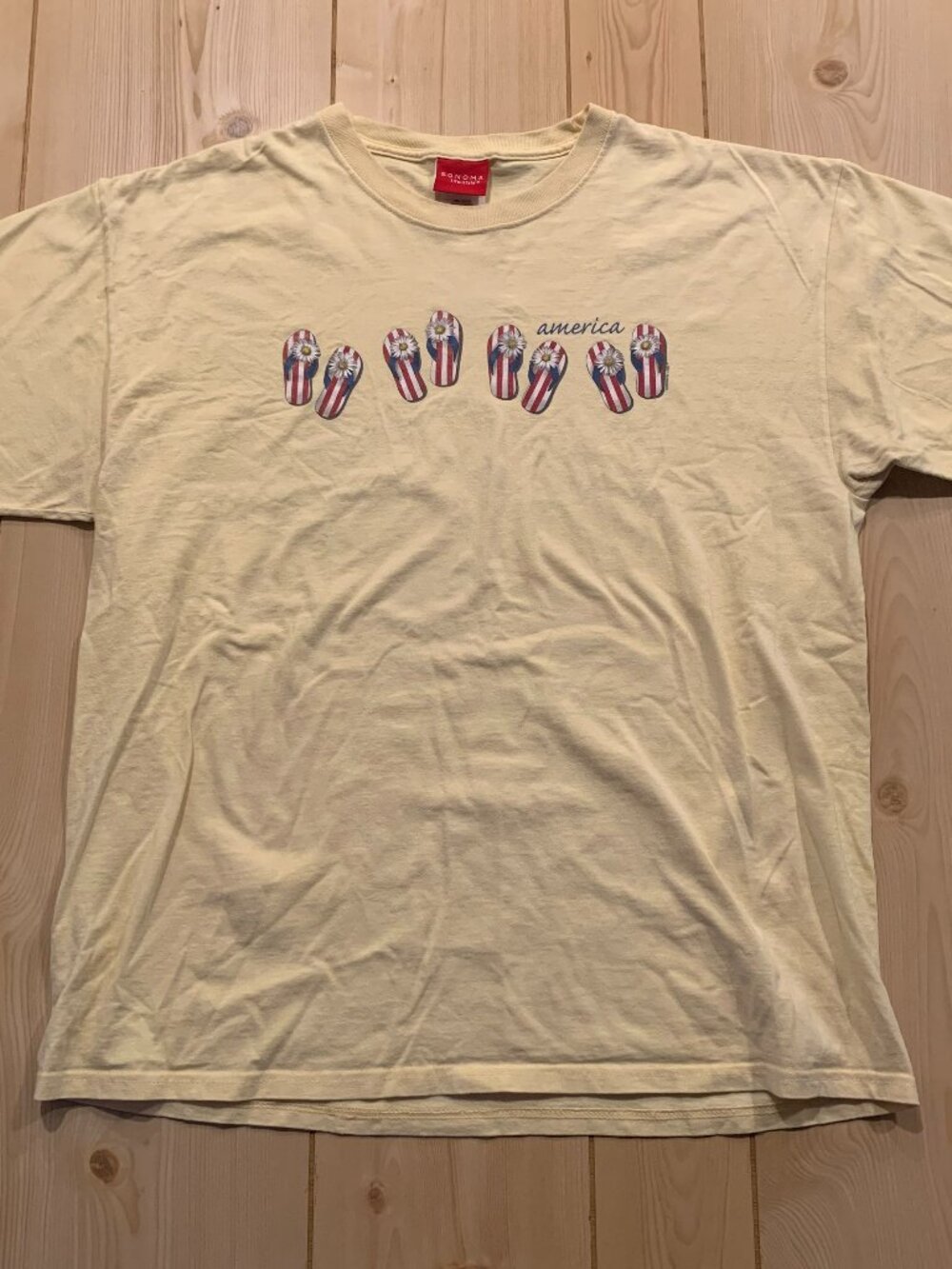 Vintage Y2K Sonoma Lifestyle America Patriotic USA Summer Sandals T-Shirt Size L